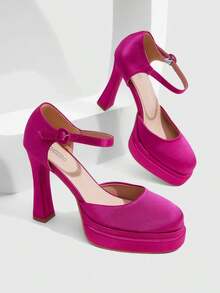 CUCCOO SZL Women's Fashion Platform Chunky Heel Square Toe Ankle Strap Sexy High Heel Pumps - Hot Pink - View 3