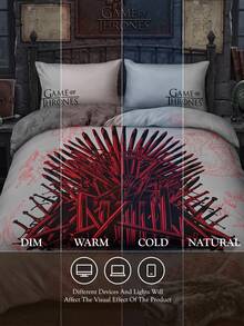 Game of Thrones X SHEIN 3件組灰色底遊戲雙面印花被套組，磨毛材質，柔軟保暖，多尺寸可選，適用單人床/雙人床/Queen床/King床，可機洗 - 灰色 - 查看 9