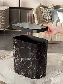 1Pc Marble Pattern Trash Can With Lid Space-Saving Slender Trash Can Suitable For Compact Space Elastic Lid Garbage Container Waterproof Wastebasket Suitable For Small Apartment Hotel Household Toilet Bathroom Waste - Multicolor - View 5