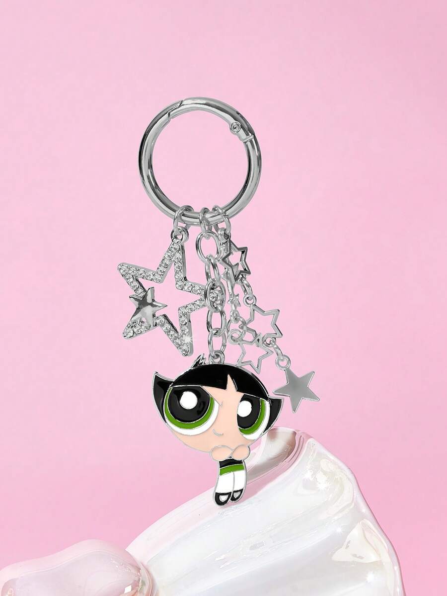 THE POWERPUFF GIRLS X SHEIN 五角星閃鑽金屬包包吊飾 女生風包包吊飾配件禮物 - 彩色 - 查看 1