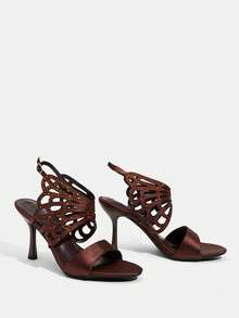 CUCCOO TILAWA Coffee Brown Satin Hollow Rhinestone Stiletto Sandals, Women's Light Luxury Rear Strap Buckle Open-Toed High Heels - Coffee Brown - View 10