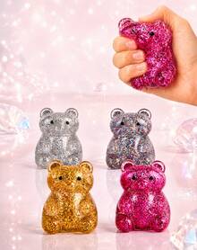 1pc Pink Glitter Bear Squeeze Figure With Clear Jelly Finish, Sparkle Filled Animal Shape In Striped Window Box, Soft Handheld Squishy Ornament For Desk Decor, Shelf Display And Travel Carry - Multicolor - View 2