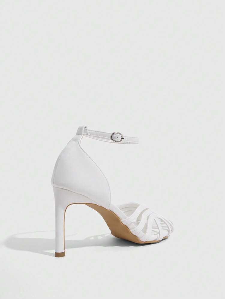 CUCCOO SZL Ladies' Shiny Woven Multi Thin Strip Hollow Toe Cover With Back Strap Buckle Retro Versatile High-Heeled Sandals - White - View 3