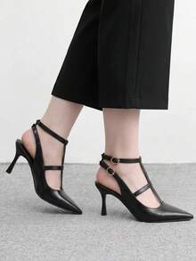 CUCCOO BIZCHIC 女款高跟鞋 黑色尖頭圓頭性感羅馬鞋 腳踝綁帶細高跟 時尚女鞋 派對鞋 宴會鞋 - 黑色1 - 查看 5