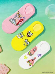 SpongeBob SquarePants | SHEIN 3雙女款透氣柔軟隱形船襪，襪頭與腳跟加強耐磨，四季可穿 - 彩色 - 查看 2