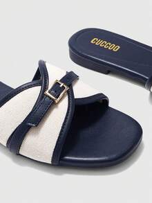 CUCCOO BIZCHIC Sandalias planas de moda para mujer con hebilla de color azul oscuro a juego - Azul oscuro - Ver 5