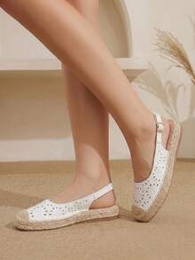 Styleloop Women's Flat Bottom Round Toe Electric Embroidery Flower Hollow Hemp Rope Beach Leisure Holiday Sandals, A Must For Travel, Holiday Wear, Summer Wear - White - View 8