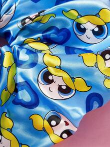 THE POWERPUFF GIRLS X SHEIN 單包裝可愛時尚亮面緞面柔軟大碼大腸圈卡通印花髮圈，適合居家或外出使用，高馬尾 - 藍色 - 查看 4