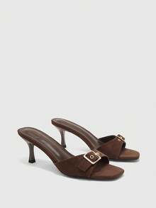 CUCCOO BIZCHIC Ladies Brown High Heel Simple Small Square Toe Slippers - Brown - View 6