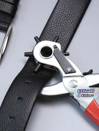 1pc Multi-Function Leather Hole Punch Tool, 8.5 Inch Heavy Duty 6-Size Rotating Manual Belt Punch, DIY Craft For Watch Strap Pet Collar Saddle Shoes Fabric, Silver/Red, Great Gift
