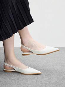CUCCOO BIZCHIC 女款平底尖頭簡約米色後扣slingback女鞋，日常百搭輕量舒適通勤上班鞋 C - 米白色PU - 查看 3