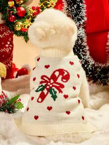 PETSIN 1pc Apricot Knitted Turtleneck Sweater With Cute Christmas Candy Cane & Heart Pattern, For Cats & Dogs - Multicolor - View 5