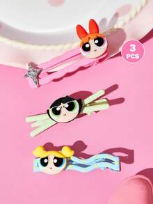 THE POWERPUFF GIRLS X SHEIN 3 buah Jepit Rambut Motif Kartun Lucu, Hadiah, Penjepit Rambut - MultiWarna - View 2