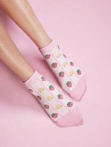 Strawberry Shortcake X SHEIN 2雙女款舒適透氣吸濕排汗休閒襪 時尚可愛卡通粉紅紅草莓圖案加強款 - 雜色 - 查看 7