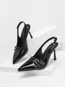 CUCCOO SZL Women's Shoes Fashion PU Material Pointed Stiletto High Heels, Double Strap Simple Glossy Design, Suitable For Commuting Parties - Black - View 1