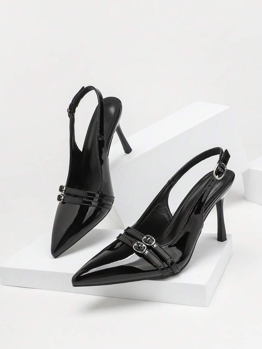 CUCCOO SZL Women's Shoes Fashion PU Material Pointed Stiletto High Heels, Double Strap Simple Glossy Design, Suitable For Commuting Parties - Black - View 1