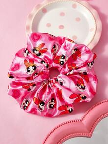 THE POWERPUFF GIRLS X SHEIN 單包裝可愛時尚亮面緞面柔軟大號大腸圈卡通印花髮圈，適合居家或外出使用，高馬尾 - 桃粉 - 查看 2