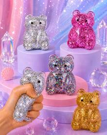 1pc Silver Glitter Bear Squeeze Figure With Clear Jelly Texture, Sparkle Filled Animal Shape In Blue Striped Window Box, Soft Handheld Ornament For Desk Decor, Shelf Display And Travel Carry - Multicolor - View 3