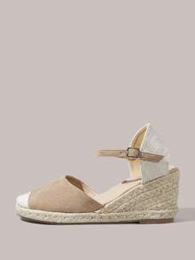 Styleloop Sandalias de tacón alto para mujer con tiras cruzadas de goma y cuerda de paja - Caqui - Ver 10