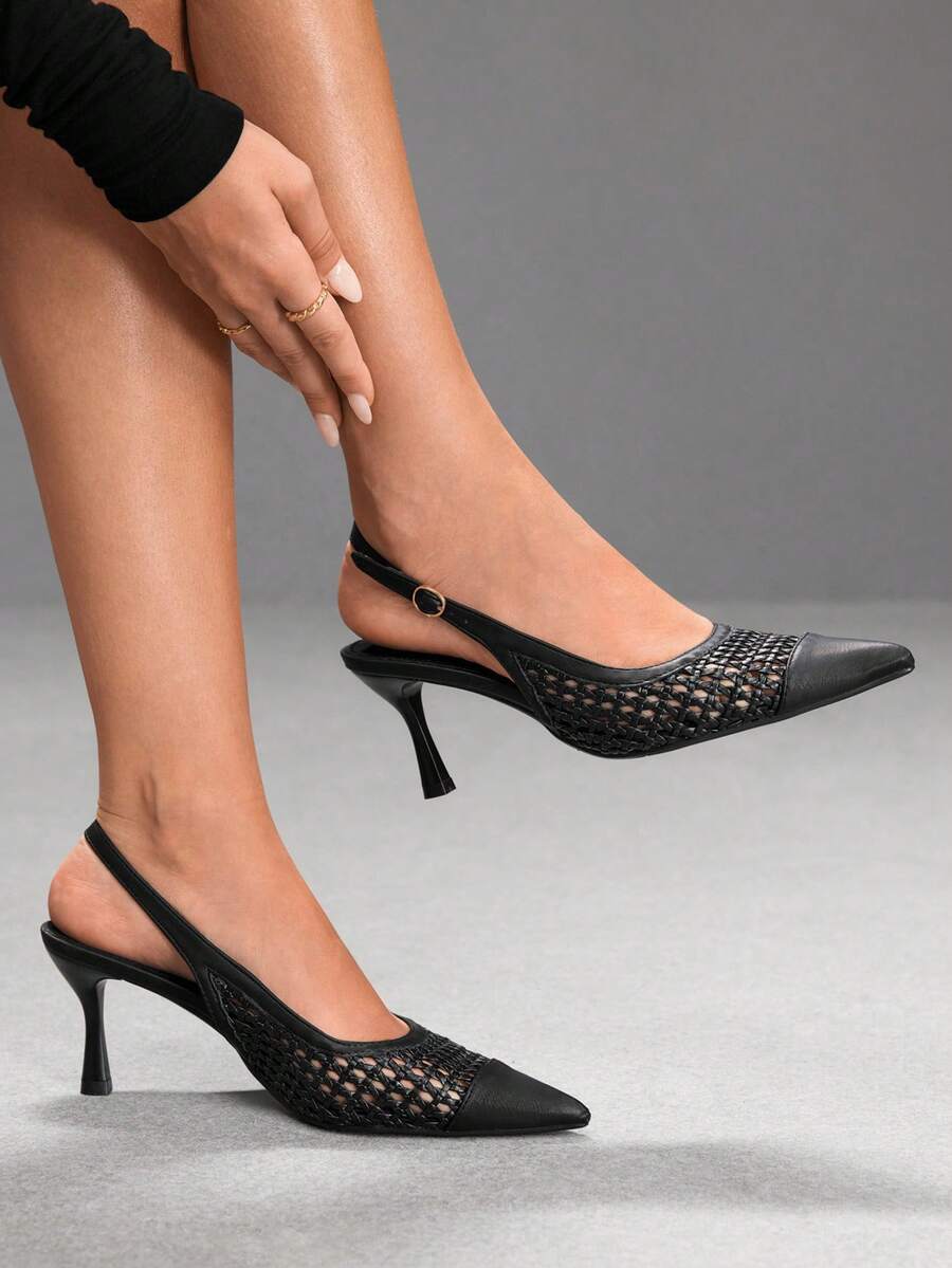 CUCCOO SZL Women Shoes Multi-Color Woven Hollow Breathable Design Pointed Tip Thin Heel Strap Sandals Light Commuter Style Spring And Summer Suitable For Workpla - Black - View 1