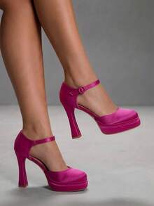 CUCCOO SZL Women's Fashion Platform Chunky Heel Square Toe Ankle Strap Sexy High Heel Pumps - Hot Pink - View 1