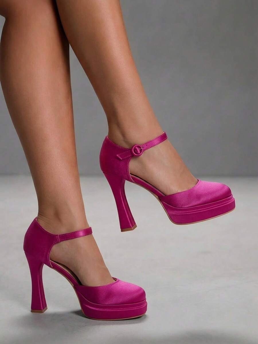 CUCCOO SZL Women's Fashion Platform Chunky Heel Square Toe Ankle Strap Sexy High Heel Pumps - Hot Pink - View 1