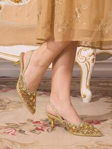 CUCCOO TILAWA Women's Fashion Electroplating And Glass Rhinestone Pointed Women's High-Heeled Shoes, Suitable For Going Out, Banquets, Parties And Other Activities Fall Shoes - Gold - View 5