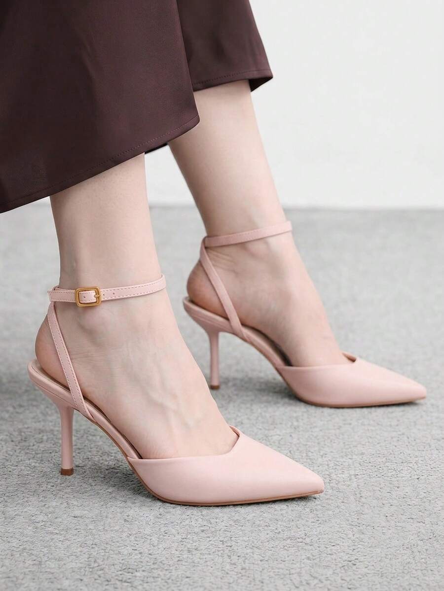 CUCCOO BIZCHIC 女款新款時尚粉色踝帶尖頭細高跟單鞋,適合通勤、約會、派對、婚禮、度假 - 粉色1 - 查看 1