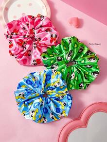 THE POWERPUFF GIRLS X SHEIN 單包裝可愛時尚亮面緞面柔軟大號大腸圈卡通印花髮圈，適合居家或外出使用，高馬尾 - 綠色 - 查看 6