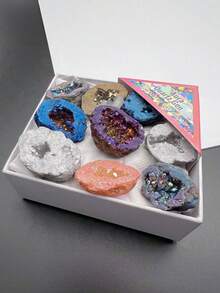 9 Pcs Natural Healing Crystal Raw Stone Box Set, Electroplated Colored Asymmetrical Agate Geodes & Crystal Clusters, Energy Mineral Specimens For Educational Display, Holiday Gift For Men & Women - Multicolor - View 4