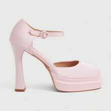CUCCOO SZL Women's Chunky Heel Platform Ankle Strap Evening Party Date Thick Sole High Heel Pumps - Baby Pink - View 4