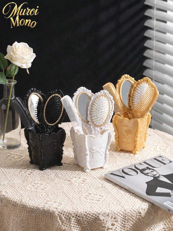 Muroi Mono 1Set Vintage Palace‑Style Hair Comb Set, Rose‑Carved Plastic Storage Case Holding Air‑Padded Brush, Flat Comb And Tail Comb, Multi‑Use Hairdressing Tools, Fit For Daily Hairstyling And Presents For Companions On Special Occasions