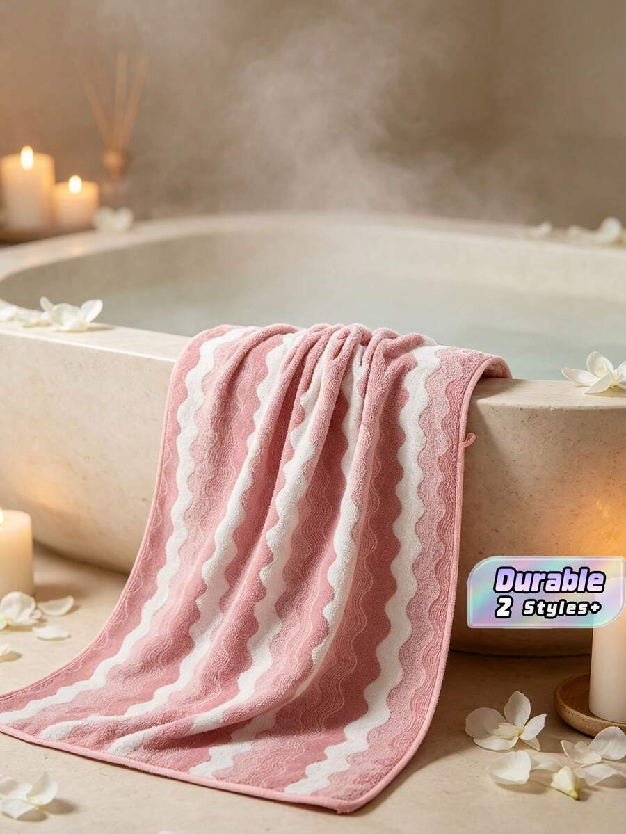 Simple Striped Coral Fleece Towel And Bath Towel. Crafted To Be Soft, Highly Water-Absorbent And Quick-Drying, Ideal For Family Daily Use. - Pink - View 1