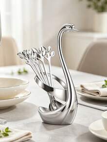 1 Set Of Swan-Shaped Tableware, Including 6/12 Fruit Spoons, Stainless Steel Dessert Spoons And Coffee Spoons, Equipped With A Swan-Shaped Storage Base. Easy To Clean, Durable With A Comfortable Grip, Suitable For Kitchens, Hotels And Cafes. - Silver - View 6