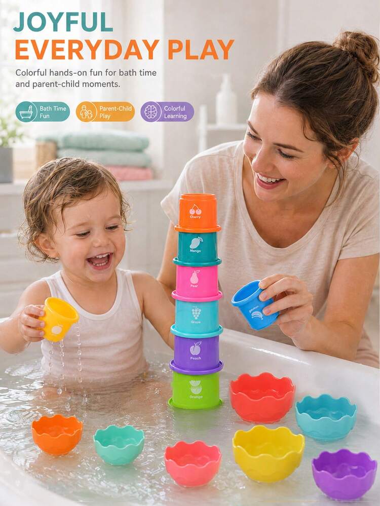Colorful Wave Stacking Cups Baby Bath Toy, Multifunctional Water Spray Stackable Tower, Toddler Sensory Learning Toy For Hand-Eye Coordination & Brain Development, Indoor Play & Bathroom Shower Game Gift For Infant 6M+ - Multicolor - View 11
