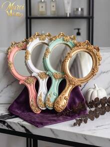 Muroi Mono 1Pc Resin Retro Baroque Hand Mirror, Ins Luxury Embossed Floral Princess Lolita Makeup Mirror, Clear Portable Handheld Cosmetic Mirror For Salon Grooming & Room Ornament, Nice Present For Birthday, Valentine's Day, Mother's Day, Thanksgiving Day - Multicolor - View 5