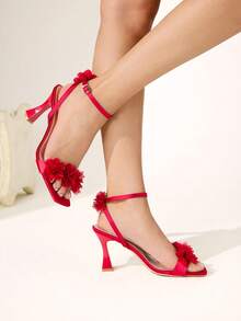 CUCCOO CHICEST Summer Burgundy Sardine Flower Square Toe Thick Heel Elegant Fairy Style Roman Ladies High Heel Sandals - Burgundy - View 4