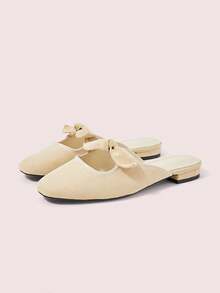 CUCCOO DOLLMOD Women's Black Casual Bow Hollow-Out Mule Flat Slip-On Shoes - Beige - Big Bow - View 2