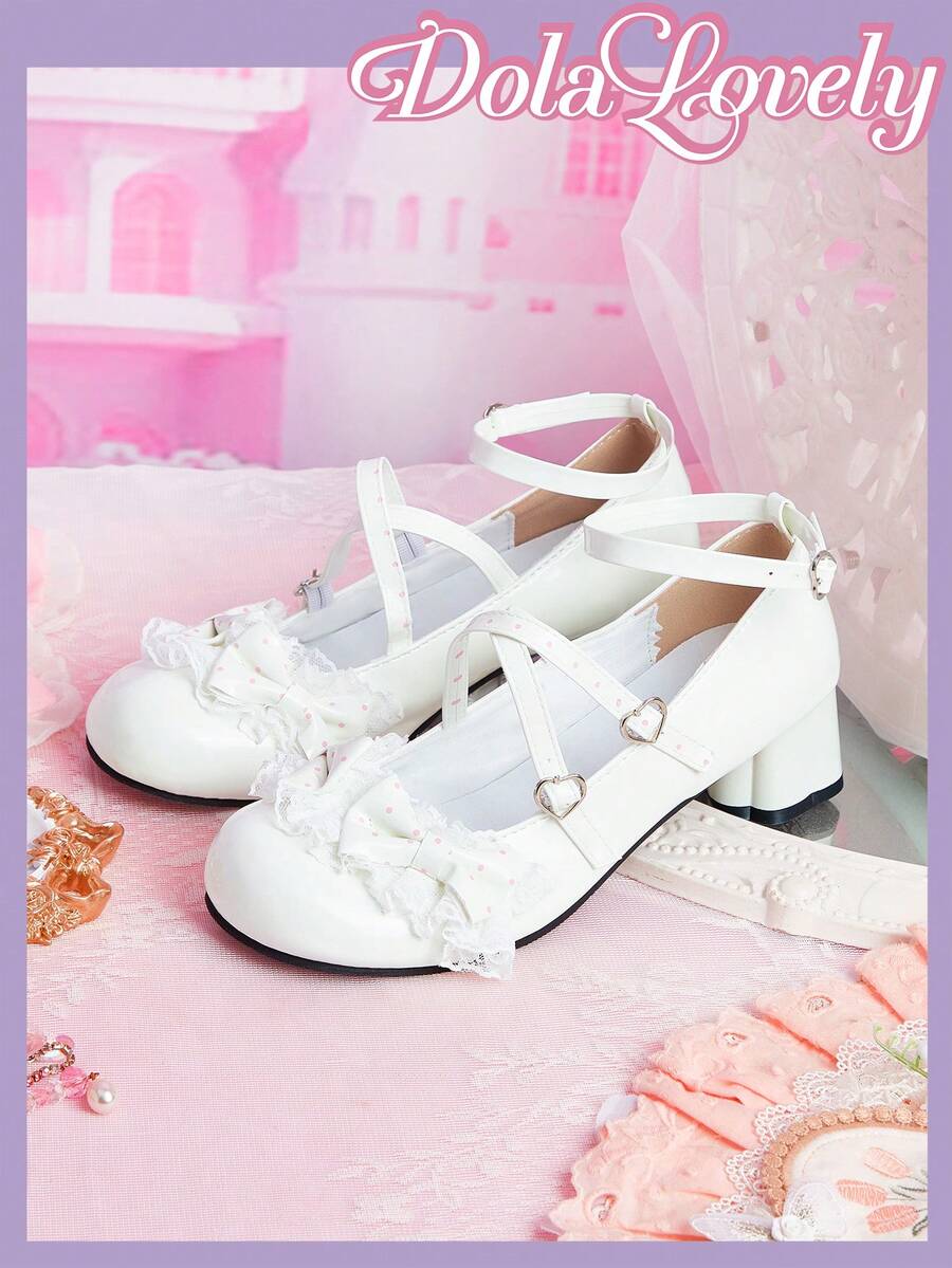 Dola Lovely 女款厚底高跟鞋 圓頭瑪麗珍鞋 蝴蝶結 Lolita 風格 扣帶甜美日系 JK 制服鞋 - 米白色+蝴蝶結波點 - 查看 1