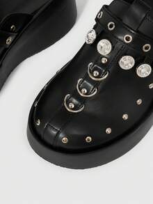Sugerpunk Women's Fashion Platform Sandals, Dark Punk Style Heavy Industry Rivet Gas Eye Design Thick-Soled Wedge Sandals, Adjustable Elastic Design Subculture - Black - View 6