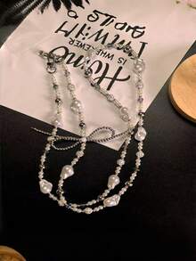 Silver Pearl Bow Diamond Ball Phone Lanyard, Detachable Crossbody Neck Strap For Phone, Camera Chain Bag Charm Pendant, Versatile Bling Jewelry Accessory For Daily & Party Outfit - Multicolor - View 2