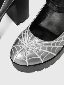 Sugerpunk Women's Fashion Sexy Platform High-Heeled Shoes, Punk Style Gothic Dark With Round Toe Design With Embroidered Thread Spider Web Fashion - Grey - View 6