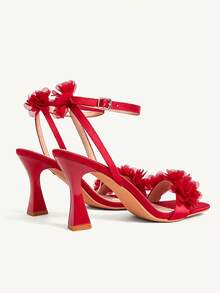 CUCCOO CHICEST Summer Burgundy Sardine Flower Square Toe Thick Heel Elegant Fairy Style Roman Ladies High Heel Sandals - Burgundy - View 6