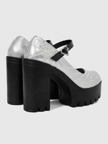 Sugerpunk Women's Fashion Sexy Platform High-Heeled Shoes, Punk Style Gothic Dark With Round Toe Design With Embroidered Thread Spider Web Fashion - Silver - View 3