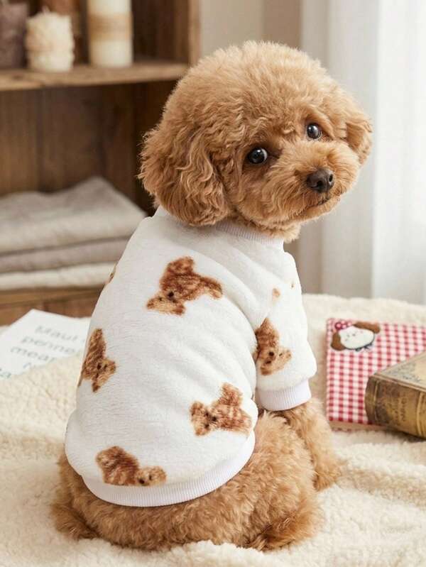 PETSIN 1 Pc Pet Cat Dog Universal Cute Bear Pattern Plush Thickened Warm Elastic Comfortable Round Neck Pet Clothing