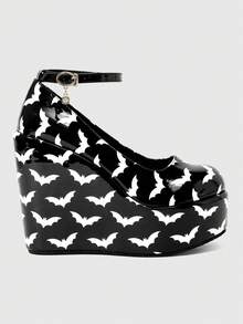ROMWE Women's Casual And Stylish Round-Toe Closed-Toe Wedge Platform Shoes With A Punk-Style Gothic Solid Color Fabric Outsole Featuring A Bat Pattern. Fall Shoes - Bright black - View 1