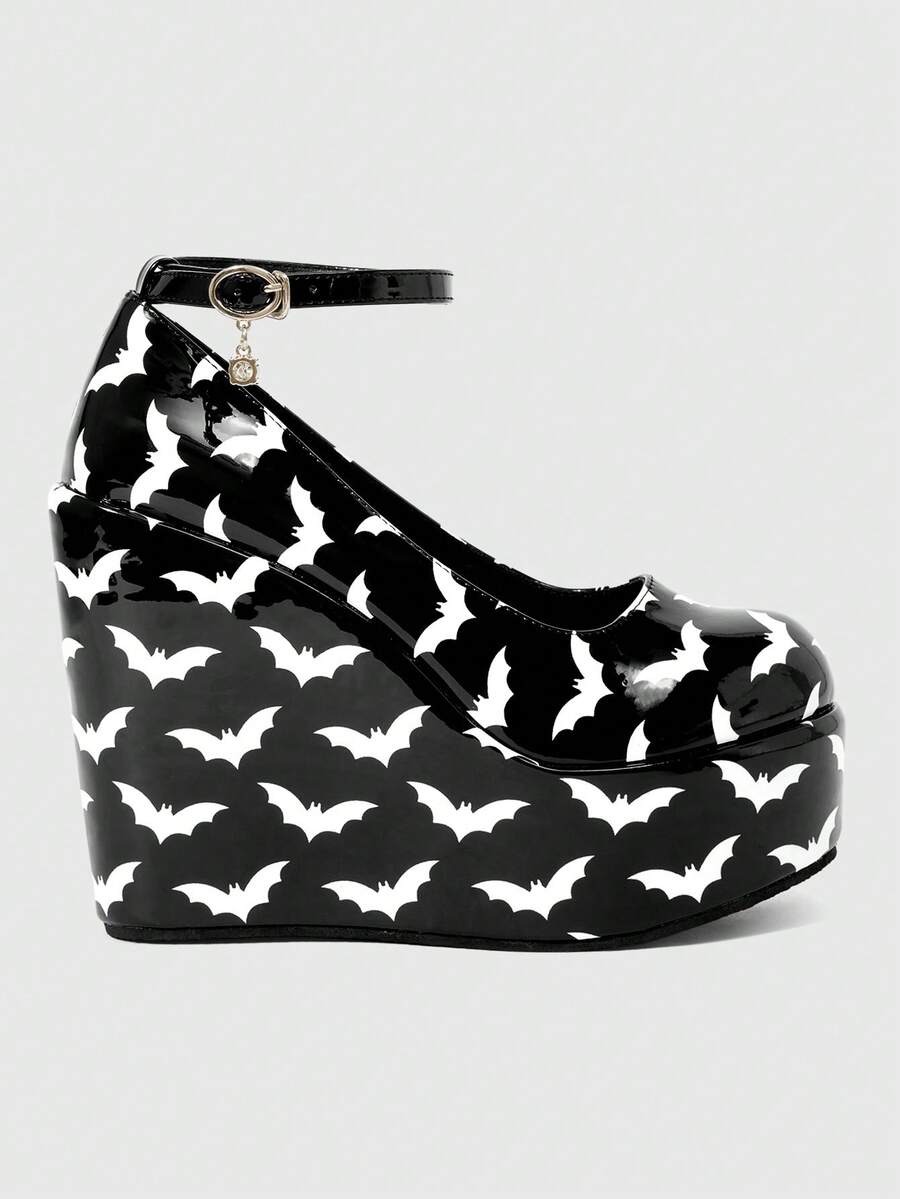 ROMWE Women's Casual And Stylish Round-Toe Closed-Toe Wedge Platform Shoes With A Punk-Style Gothic Solid Color Fabric Outsole Featuring A Bat Pattern. Fall Shoes - Bright black - View 1