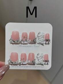 10pcs Medium-Long Coffin-Shaped Handmade Acrylic Press On Nails, Decorated With Colorful Rhinestones, Butterflies And Snake Patterns, Perfect For Parties, Daily Outfits, And Gift For Women. - Silver - View 11
