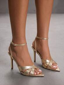 CUCCOO SZL Women Shoes Gold Metal PU Hollow Cross Design Fashion Sexy Pointed High Heel Sandals - Light gold metal PU - View 6
