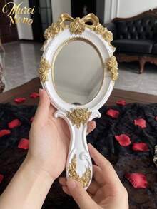 Muroi Mono 1Pc Resin Retro Baroque Hand Mirror, Ins Luxury Embossed Floral Princess Lolita Makeup Mirror, Clear Portable Handheld Cosmetic Mirror For Salon Grooming & Room Ornament, Nice Present For Birthday, Valentine's Day, Mother's Day, Thanksgiving Day - Multicolor - View 2